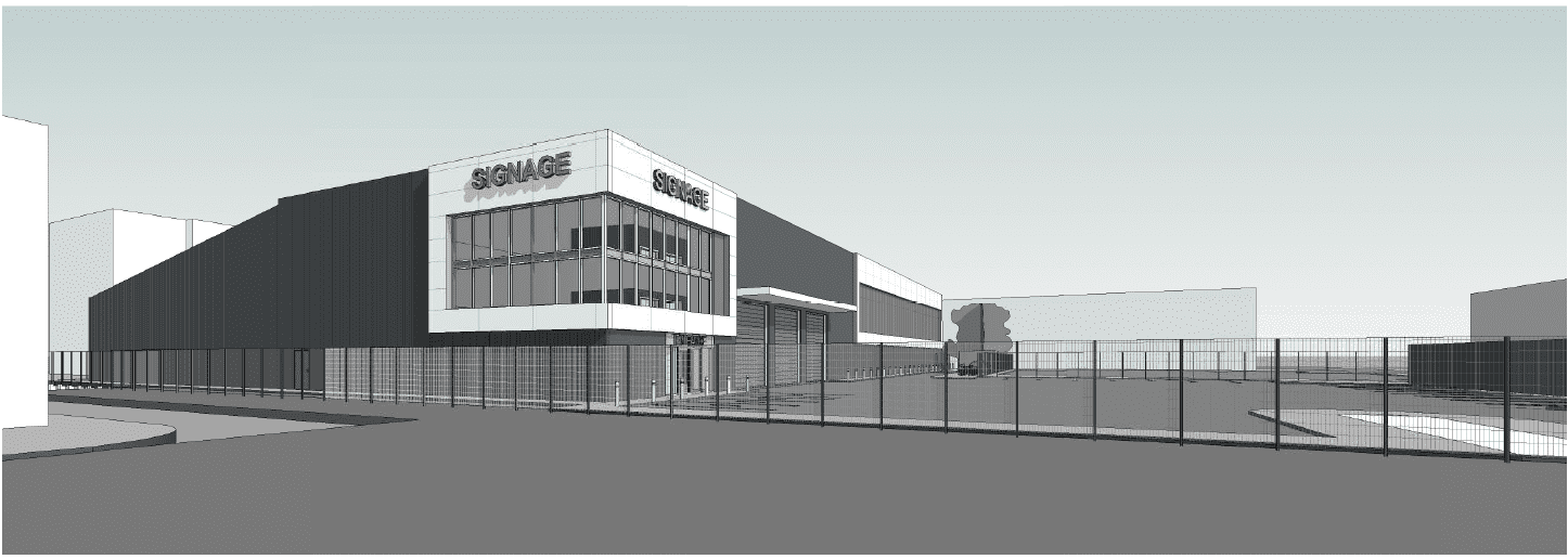 Artist rendering of a multi-level self storage building with white and gray accents and modern architecture
